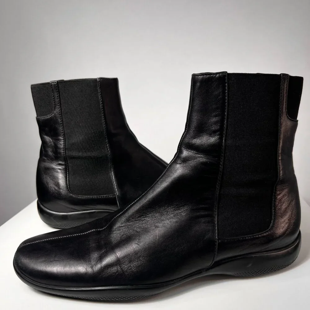 VTG PRADA Sport Nappa Chelsea Black Leather Boots 7US=37.5EU Made in Italy - Picture 5 of 10